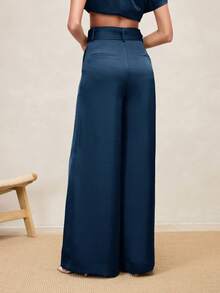 Arave Women's Elegant Satin Pleated Wide Leg Pants,Navy Blue Summer Office High-Waisted Solid Color Minimalist Long Pants For Fall Autumn Commuting - Blue - View 4