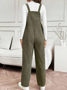 SHEIN Schwangerschafts-Damen Einfarbig Tasche Lässige Weite Bein Latzhose Herbst Damen Kleidung Schwangerschafts-Latzhose Damen Latzhose Große Größen Latzhose Cord Latzhose Olivgrün Latzhose Herbst Damen Latzhose - Armeegrün - Übersicht 2