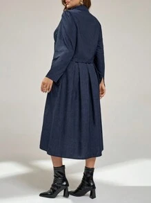 Auralis Plus Size Women's Navy Blue Summer Elegant Semi Formal Suit Set,Long-Sleeved Jacket & Suspender Dress,Business Casual Work Wear Office Fall Outfits - Blue - View 2