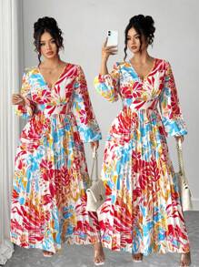 Elenzga Halloween Plus Size Women's Elegant Colorful Floral Print V-Neck Ruched Flared Hem High Slit Long Sleeve Maxi Dress Fall Cloth For Women - Multicolor - View 8