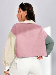 SHEIN EZwear 女式短款灯芯绒拼布单排扣休闲夹克 灯芯绒夹克 撞色夹克 秋冬女士街头服饰 - 彩色 - 查看 2