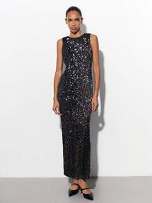 Maija 2025 Sleeveless Round Neck Slim Fit Fully Sequined Shiny Black Dress, Suitable For Party Season Black Sequin Dress, Fall Clothes For Women,Winter Clothes For Women,Winter Clothes,Night Out,Going Out Tops Women, Night Out Outfit,Date Night Outfit,Halloween Costumes, Halloween Costume,Homecoming,Christmas Clothes,Dress For Wedding Guest, Fall Wedding Guest Dress,Wedding Dress Guest,Business Casual Woman Christmas Clothes