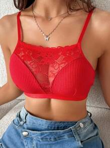 SHEIN Quần lót nữ thoải mái, có gân, họa tiết ren vá - Đỏ - Xem 5