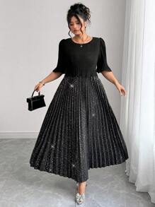 Elenzga Elegantes plissiertes Chiffonkleid in Unifarbe in Große Größen, geeignet für Partys, Frühling/Sommer - Schwarz - Übersicht 6