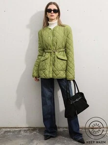 Aveloria Modichic Commuting Casual Diamond Pattern Stitched Metal Buckle Waist Belt, Slimming Women's Padded Padded Coat Clothes Winter  - Green - View 1