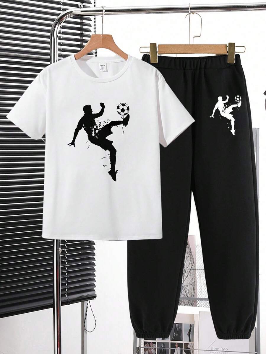 SHEIN Tween Boy Casual Football & Letter Print Short Sleeve Top And Pants 2 Pieces Set, Sports & Street Style, Suitable For Summer - Black and White - View 1