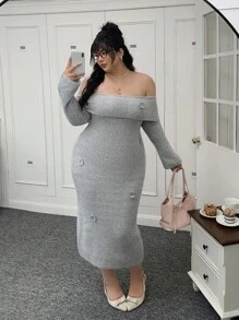SHEIN EZwear 大码女式 3D 花卉装饰露肩长袖休闲针织连衣裙秋冬女装 - 灰色 - 查看 5