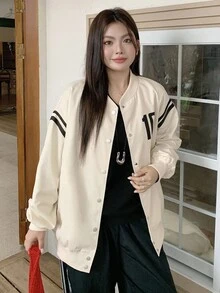 Dazy Plus Plus Size Varsity Jacket, Contrast Color Block & Numeric Print, Long Sleeve Loose Fit Plus Size Casual Coat For Women School - Apricot - View 5