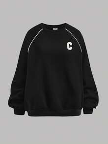 Girlism 3 件套青少年女孩黑色圆领长袖运动衫、撞色装饰字母图案背心和运动裤，休闲街头风格运动休闲装 - 黑與白 - 查看 4