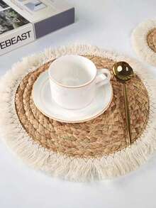 SHEIN 1 tấm lót bàn có tua rua, làm bằng cỏ biển dệt với ren, cách nhiệt, dùng cho bàn tròn. - Nhiều màu - Xem 2