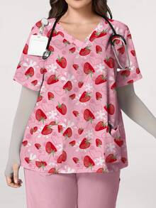 PopScrub Plus Size Women's Cute Strawberry & Heart Print Nursing Uniform Top, Minimalist Design