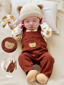 SHEIN Infant Boy Casual Everyday Outing Crinkle Fabric Cute Bear Print Bodysuit And Corduroy Bib Pants Set, Autumn Newborn Baby Boy Clothes Set Cute Baby Boy Clothes - Brown - View 1
