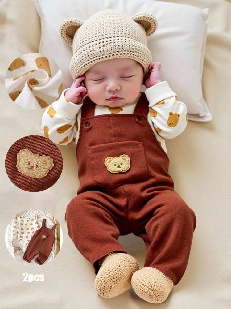 SHEIN Bộ đồ liền thân in hình gấu dễ thương và quần yếm nhung kẻ cho bé trai mặc đi chơi hàng ngày, bộ quần áo mùa thu cho bé trai sơ sinh dễ thương - màu nâu - Xem 1