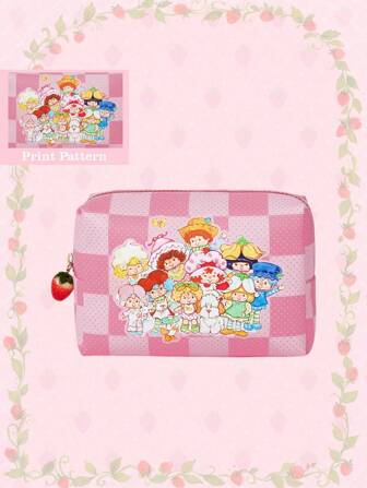 Strawberry Decor Checkered Cartoon Pattern Portable Cosmetic Bag
