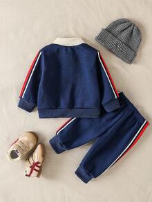 SHEIN Baby Boy 2pcs Navy Blue Contrast Color Polo Collar Sweatshirt And Pants Set,Casual Autumn Winter Outfits,Cozy Infant Clothing,Date,6M-3T - Royal Blue - View 2