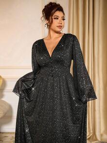 Allurite Christmas Plus Size Women's V-Neck Semi-Sheer Flare Sleeve Metallic Glitter Party Elegant Long Maxi Dress, Black Fall Cloth For Women Halloween - Black - View 3