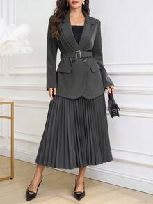Ellevyn Bộ vest blazer thanh lịch và chân váy xếp ly cho nữ, phù hợp cho việc đi lại hàng ngày, hoạt động ngoài trời và nhiều dịp khác nhau, mùa thu - Xám - Xem 7
