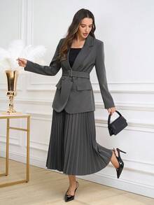 Ellevyn Bộ vest blazer thanh lịch và chân váy xếp ly cho nữ, phù hợp cho việc đi lại hàng ngày, hoạt động ngoài trời và nhiều dịp khác nhau, mùa thu - Xám - Xem 4
