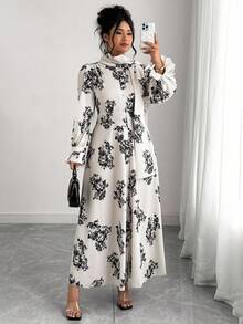 Elenzga Plus Size Women Floral Print Ruffle Sleeve Elegant Dress Fall Cloth For Women - Apricot - View 2