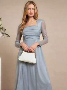 Amorya 女士优雅方领银灰色网眼长裙，适合日常穿着和多种场合，秋季 - 灰色 - 查看 10