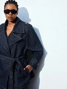 Maija Plus Size Dark Blue Denim Jacket, Elegant Trench Coat With Bow Belt, French Elegant Autumn Jacket