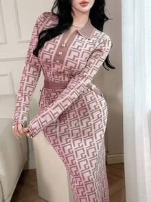 Feyla 女式几何图案领扣设计毛衣和长款针织中裙两件套，适合秋冬两件套 - 粉色 - 查看 5