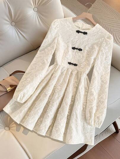 GlowEve New Autumn Jacquard Button-Up Long Sleeve Dress Fall Cloth For Women