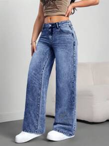 SHEIN Tall Quần jean ống rộng ống đứng cài nút thường ngày cho nữ, phù hợp mặc hàng ngày - Rửa tối - Xem 6