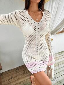 RueChic Mini couvre-tout boutonné tricoté avec manches évasées à crochet et décolleté en V ajouré, convient pour le bord de la plage