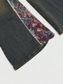 ROMWE EDITION Jeans courts évasés pour femmes à taille basse vintage avec imprimé animal patchwork, franges et laçage en PU, style Shibuya Y2K - Bleu azur - Voir 3