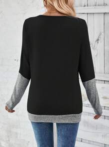 SHEIN LUNE 女士休闲撞色拼布二合一 T 恤，秋季图案 T 恤女上衣 - 黑色 - 查看 2
