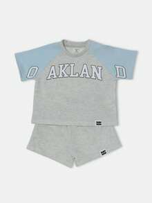 SUMWON Oakland Varsity Logo Two Piece Outfit Raglan Sleeve T-Shirt Short Set Little Boys Summer Play Clothes Casual Sport Active Wear - Light Grey - View 7