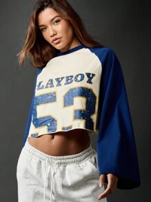 Missguided x Playboy 复古棒球插肩袖短款上衣运动衫复古学院风运动服休闲家居服秋冬 - 彩色 - 查看 4