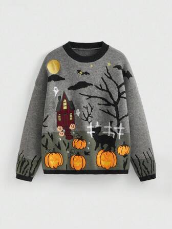Autumn/Winter Halloween Black Cat & Pumpkin Retro Dark Vintage Pullover Sweater