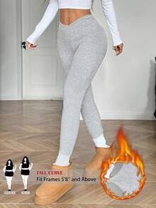 SHEIN Tall CURVE 加厚纯色重叠宽腰打底裤春装 - 灰色 - 查看 1
