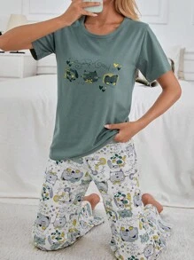 EURMUSE 2Pcs Cotton Cute Animals Printed Shirt And Animals Printed Sleep Bottom Homewear PJ Set - Green - View 3