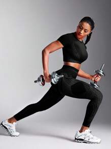 Powerista Gym Leggings Women's Striped High Waist Seamless Leggings Yoga Pants - Black - View 2