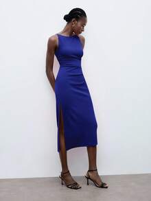 Maija Váy bảo hộ lao động không tay màu trơn có viền xẻ bên hông, màu đỏ hồng - Màu xanh lam - Xem 4