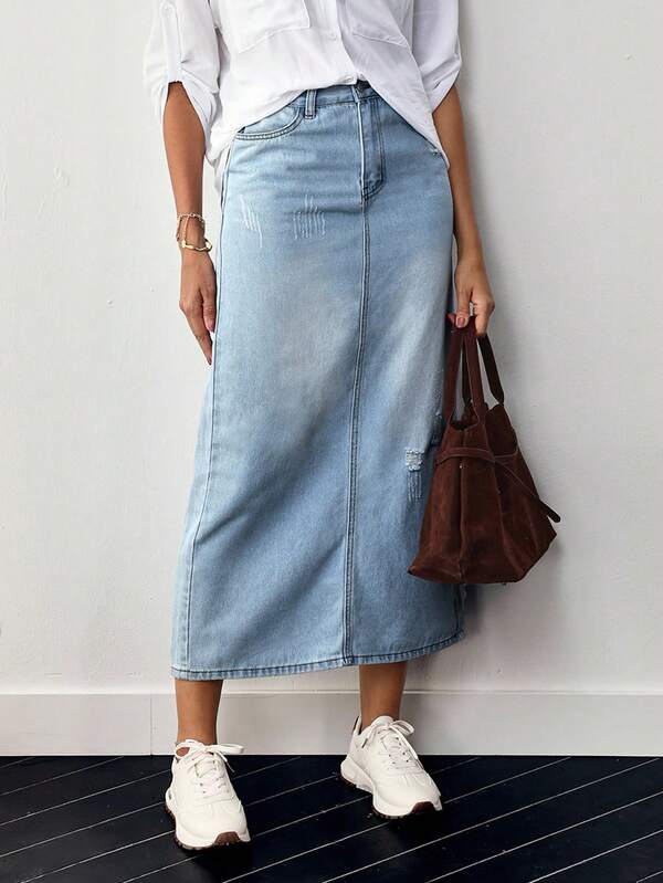 EMERY ROSE Women Solid High Waist Ripped Denim Skirt