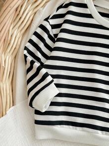 SHEIN Babygirl Casual Black & White Striped Long Sleeve Sweatshirt Set, Autumn/Winter Fall - Black and White - View 3