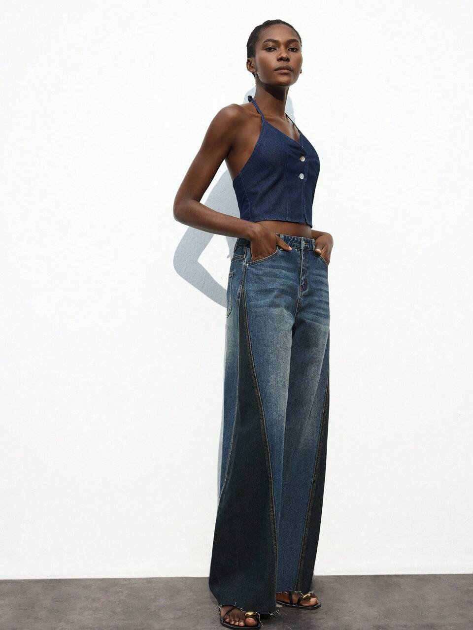 SHEIN Maija Jeans bleus rétro pour femmes, taille basse, coupe droite, design de coutures bicolores, décontracté et polyvalent, automne