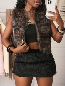 Slaydiva 2025 Nuovi arrivi autunnali, adatti per feste di compleanno, ritorno a scuola, stile campus, uso quotidiano, casual, vacanze, crociere, spiaggia, prendere il sole, moda, streetwear, elegante, pendolarismo, casual business, feste, gilet senza maniche, cardigan corto ombré morbido, giacca lunga in pelliccia autunnale, abbigliamento esterno da donna - Caffè Marrone - Visualizzare 4