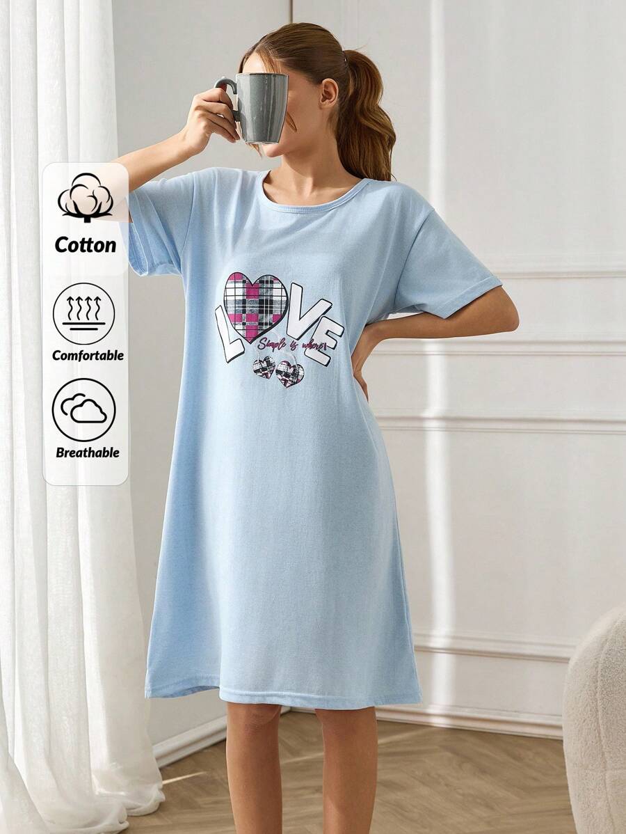 EURMUSE Woımen Contrast Colour Slogan Printed Basic Short Sleeve Sleepdress - Baby Blue - View 1