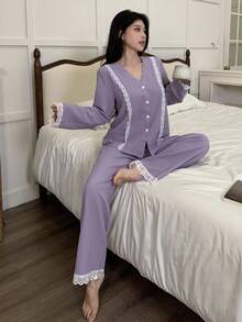 女士蕾丝边长袖上衣和裤子紫色睡衣套装，蕾丝睡衣套装，女士睡衣套装，薰衣草色睡衣套装，两件套睡衣套装，冬季服装 - 紫色 - 查看 5