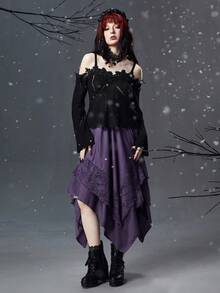 ROMWE Goth 哥特式黑暗宫殿不对称下摆紫色神秘恐怖午夜蕾丝不对称宫廷女裙 - 紫色 - 查看 3