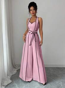 Elenzga Mono elegante y casual para dama de oficina o maestra, con diseño de alta gama, de color blanco con bloques de color negro, estampado digital, cierre de cremallera en la cintura, pantalón de pierna ancha y larga, estilo retro de rayas francesas, escote de halter y cuello en V. - Rosa - Ver 3