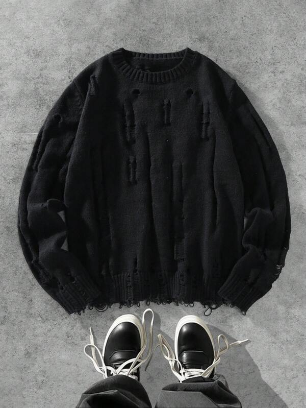 Manfinity EMRG 男士纯色圆领长袖做旧休闲宽松针织衫，秋冬款