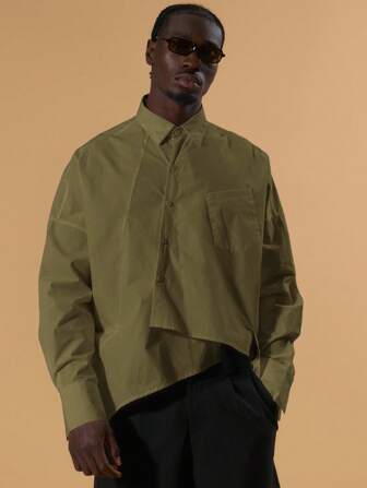 Musero 不对称下摆长袖衬衫，正面口袋设计，宽松廓形，适合秋冬叠穿