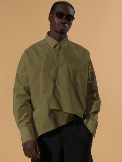 Musero 不对称下摆长袖衬衫，正面口袋设计，宽松廓形，适合秋冬叠穿