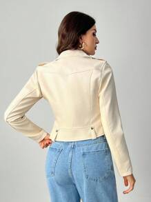 SHEIN Tall 女款休閒日常簡約街頭時尚翻領鉚釘裝飾機車皮夾克，秋季，高個女性 - 杏色 - 查看 3